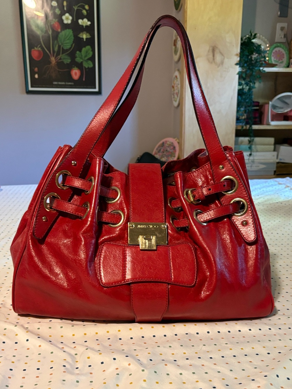 Jimmy Choo Red Leather Shoulder Bag with Gold Hardware